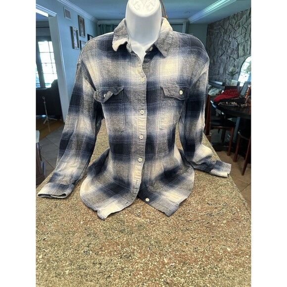 Old Navy L Blue White Plaid Flannel Boyfriend Shirt Long Sleeve Cotton Button-Up - Picture 4 of 11